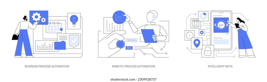 Business process automation abstract concept vector illustration set. Artificial intelligence for workflow organization, turn on RPA mode, intelligent bot, chatbot for marketing abstract metaphor.