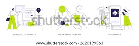 Business process automation abstract concept vector illustration set. Artificial intelligence for workflow organization, turn on RPA mode, intelligent bot, chatbot for marketing abstract metaphor.