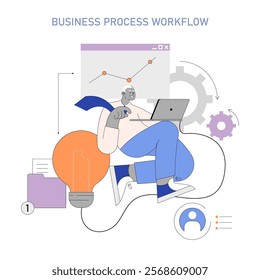 Business Process Automation concept. A character analyzes data on a laptop, symbolizing streamlined workflows. Innovation in productivity and efficiency growth. Vector illustration.