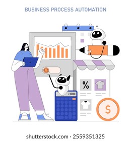 Business Process Automation concept. Efficient workflow with robots assisting in data analysis and sales. Streamlining tasks for productivity gains. Vector illustration.