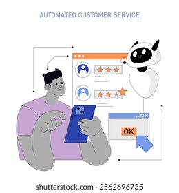 Business Process Automation concept. Man interacts with an AI chatbot for customer support needs. Streamlining communication efficiency. Vector illustration.