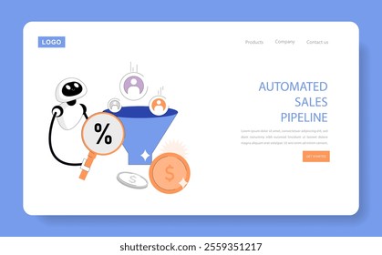 Business Process Automation concept. A robot optimizing a sales funnel with efficiency symbols. Streamlining workflow for productivity. Vector illustration.