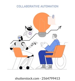 Business Process Automation concept. A robot with AI interacts with a human, suggesting collaborative work and innovation. Vector illustration.