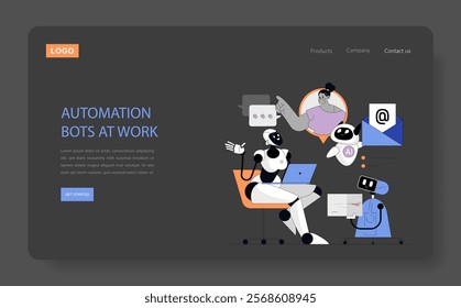 Business Process Automation concept. Robots managing tasks efficiently, showcasing innovation in the workplace. Streamlined workflow with AI technology. Vector illustration.