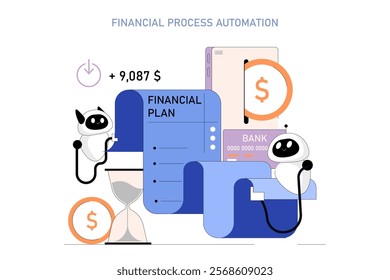 Business Process Automation concept. Robots managing financial operations with efficiency. Streamlining transactions, reducing human error. Vector illustration.