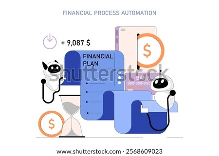 Business Process Automation concept. Robots managing financial operations with efficiency. Streamlining transactions, reducing human error. Vector illustration.