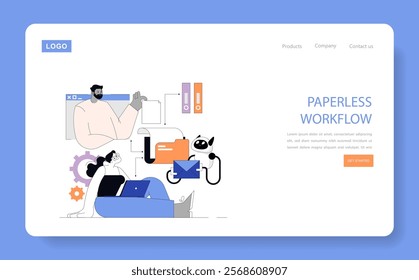 Business Process Automation concept. Seamless office operations with digital file management and automated systems. Streamlining workflow efficiency. Vector illustration.