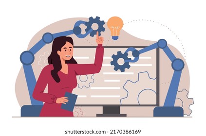 Concepto de automatización de procesos empresariales. Una joven empresaria sonriente usa los brazos mecánicos para aumentar la productividad. Tecnologías innovadoras para el desarrollo de la empresa. Dibujo vectorial plano de dibujos animados