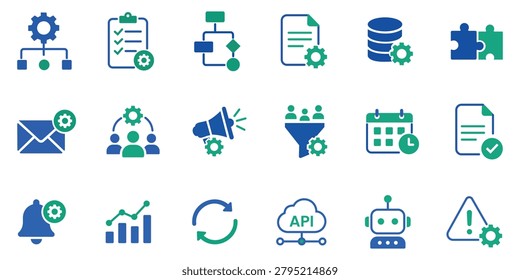 Business Process and Automation Icon Collection Featuring Workflow API Integration Notification Analytics and Digital Management Concepts
