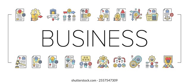 business process automation icons set vector. optimization efficiency, workflow strategy, innovation management, analysis business process automation color line illustrations