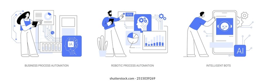 Business process automation isolated cartoon vector illustrations set. Artificial intelligence for workflow organization, turn on RPA mode, intelligent bot, chatbot for marketing vector cartoon.