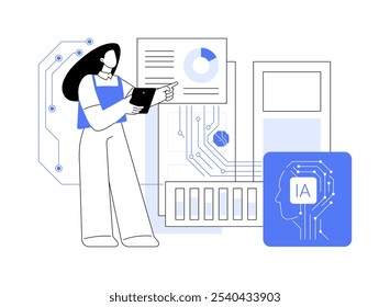 Ilustrações isoladas de vetor de desenhos animados para automação de processos de negócios. Inteligência artificial na organização do fluxo de trabalho de negócios, indústria de big data, tecnologia de TI, desenho animado vetorial de aprendizado de máquina.