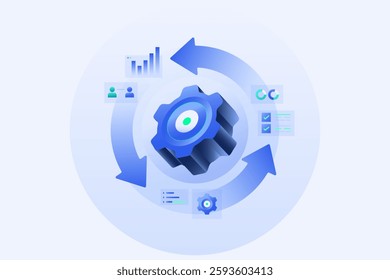 Business Process Automation, Management technology-driven strategy illustration with Gears and Technology Elements illustration