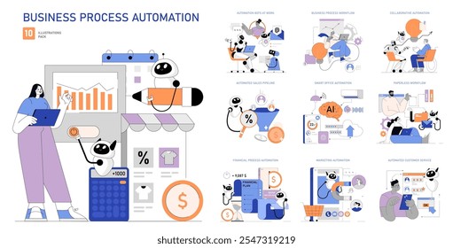 Conjunto de automação de processos de negócios. Simplificar as operações com IA e robótica. Eficiência em vendas, fluxo de trabalho, finanças, marketing e atendimento ao cliente. Ilustração vetorial.