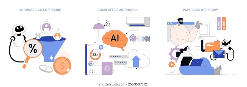 Business Process Automation set. Streamlining sales, office operations, and document management with AI and robotics. Efficient technology integration. Vector illustration.