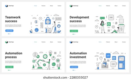 Business process automation, teamwork success, company development and financial investment set vector illustration. Cartoon tiny people develop code for software, work together with robots and AI