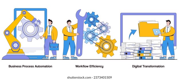 Automatisierung von Geschäftsprozessen, Workflow-Effizienz, digitales Transformationskonzept mit Charakter. Abstrakter Vektorgrafik-Set zur Prozessoptimierung. Optimierte Arbeitsabläufe, mühelose Workflows.