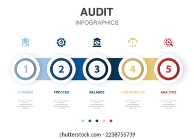 business, process, balance, performance, analysis, icons Infographic design template. Creative concept with 5 steps
