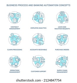 Business process and banking automation turquoise concept icons set. Autonomous tasks idea thin line color illustrations. Isolated symbols. Editable stroke. Roboto-Medium, Myriad Pro-Bold fonts used
