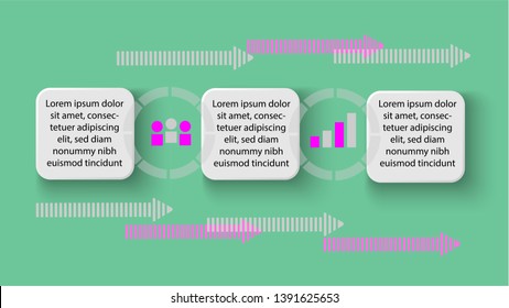 Business process banner arrows and circles design with white text boxes. Vector illustration. Green background.