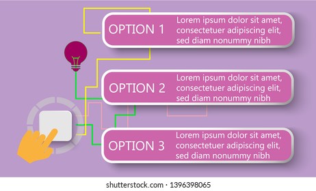 Business process banner with step options design and text boxes. Vector illustration. Purple background.