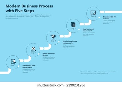 Business process chart with five steps - blue version. Easy to use for your website or presentation.