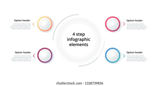 Business process chart infographic with 4 step circles. Circular corporate workflow graphic elements. Company flowchart presentation slide template. Vector info graphic design.
