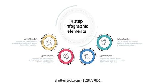 Business process chart infographic with 4 step circles. Circular corporate workflow graphic elements. Company flowchart presentation slide template. Vector info graphic design.