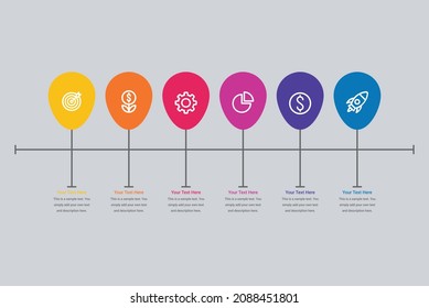 Business process chart infographic with 6 step circles. Circular corporate workflow graphic elements
