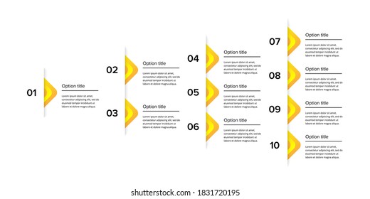 Business process chart infographics with 10 steps. Corporate workflow scheme graphic elements. Company flowchart presentation slide template. Vector info graphic design.