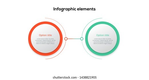 Business process chart infographics with 2 step circles. Circular corporate workflow graphic elements. Company flowchart presentation slide template. Vector info graphic design.