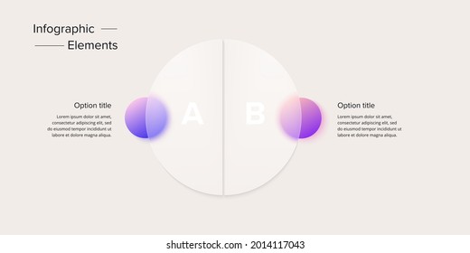 Business process chart infographics with 2 step circles. Circular corporate workflow graphic elements. Company flowchart presentation slide. Vector info graphic in glassmorphism design.