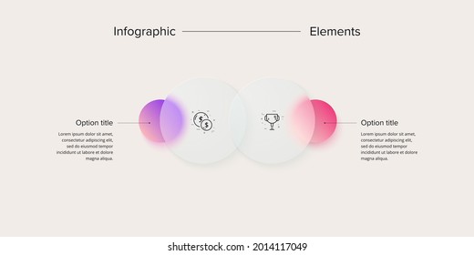 Infografiken zu Geschäftsprozessen mit 2 Stufenkreisen. Circular Corporate Workflow-Grafikelemente. Präsentation des Firmendiagramms Vektorgrafik im Glasmorphismus-Design.