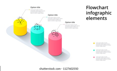 Business process chart infographics with 3 step segments. Cylindric 3d corporate timeline infograph elements. Company presentation slide template. Modern vector info graphic layout design.