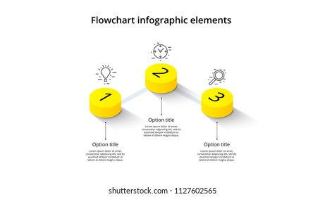 Business process chart infographics with 3 step segments. Isometric 3d corporate timeline infograph elements. Company presentation slide template. Modern vector info graphic layout design.