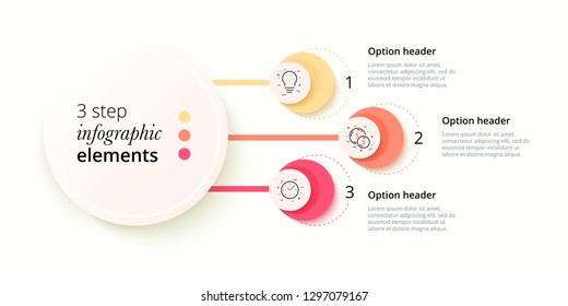 Business process chart infographics with 3 step circles. Circular corporate workflow graphic elements. Company flowchart presentation slide template. Vector info graphic design.