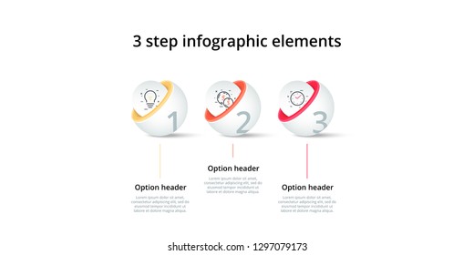 Business process chart infographics with 3 step circles. Circular corporate workflow graphic elements. Company flowchart presentation slide template. Vector info graphic design.