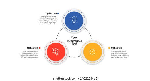 Business process chart infographics with 3 step circles. Circular corporate workflow graphic elements. Company flowchart presentation slide template. Vector info graphic design.