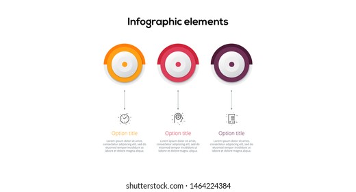 Business process chart infographics with 3 step circles. Circular corporate workflow graphic elements. Company flowchart presentation slide template. Vector info graphic design.