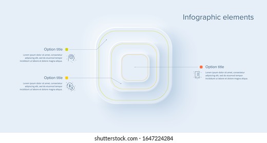 Business process chart infographics with 3 steps in neumorphism design. Square corporate workflow graphic elements. Company flowchart presentation slide template. Vector info graphic.