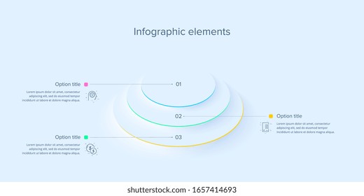 Business process chart infographics with 3 steps in neumorphism design. Square corporate workflow graphic elements. Company flowchart presentation slide template. Vector info graphic.
