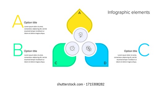 Business process chart infographics with 3 step circles. Circular corporate workflow graphic elements. Company flowchart presentation slide template. Vector info graphic design.