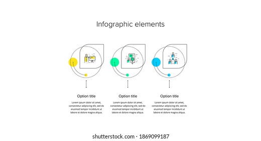 Business process chart infographics with 3 step circles. Circular corporate workflow graphic elements. Company flowchart presentation slide template. Vector info graphic design.