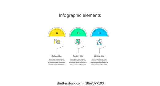 Business process chart infographics with 3 step circles. Circular corporate workflow graphic elements. Company flowchart presentation slide template. Vector info graphic design.