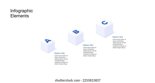 Business process chart infographics with 3 step cubes. Cubic corporate workflow graphic elements. Company flowchart presentation slide. Vector info graphic in isometric design.