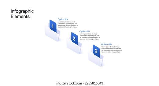 Business process chart infographics with 3 step folders. Corporate workflow graphic elements. Company flowchart presentation slide. Vector info graphic in isometric design.