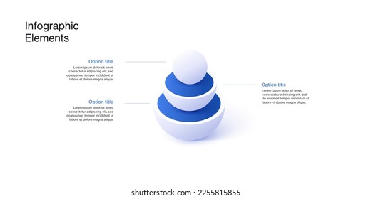 Business process chart infographics with 3 step spheres. Pyramid workflow graphic elements. Company flowchart presentation slide. Vector info graphic in isometric design.