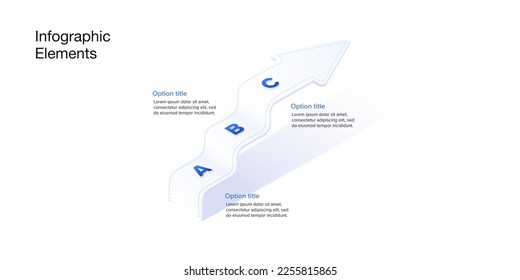 Business process chart infographics with 3 step arrows. Corporate workflow graphic elements. Company flowchart presentation slide. Vector info graphic in isometric design.