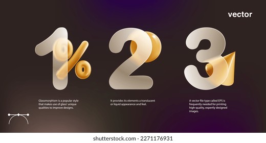 Business process chart infographics with 3 step with golden percentage sign in glassmorphism style. Corporate workflow, flowchart slide. UI element for sale banner, Cyber Monday, Black Friday ads.