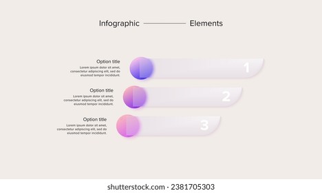 Business process chart infographics with 3 step circles. Circular corporate workflow graphic elements. Company flowchart presentation slide. Vector info graphic in glassmorphism design.